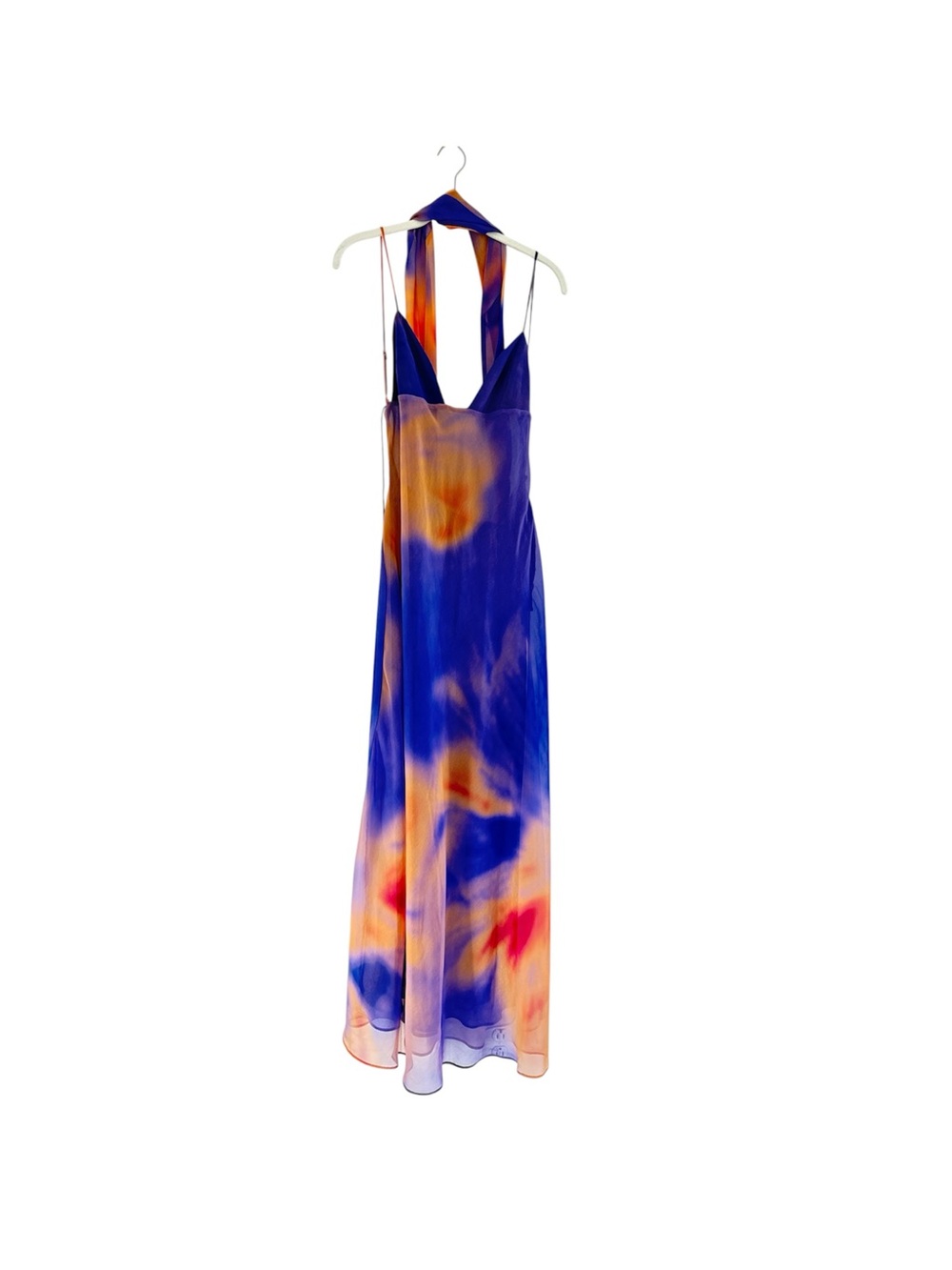 Zara Blue and Orange Tie-Dye Halter Maxi Dress with Scarf Tie